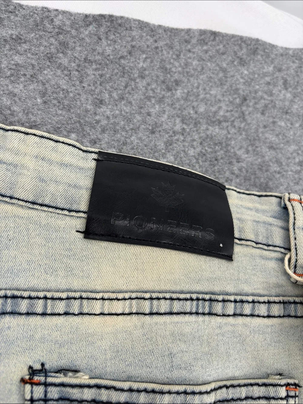 PIONEER Light Wash Distressed Denim Shorts with Black & Yellow Patches 34 NWT